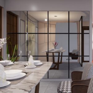 A large floor-to-ceiling mirror mounted on the wall of a small apartment dining area, reflecting the space and enhancing its brightness and perceived size